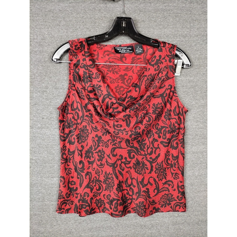 New York City Design Co Shirt M Red Floral 100% Silk Whimsigoth Romantic Chic
